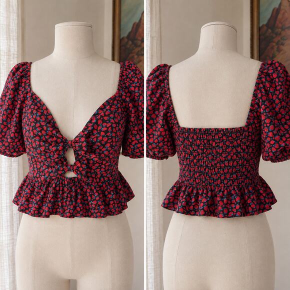 Band of the Free Tops - Strawberry Print Bow Front Puff Sleeve Peplum Crop Top Romantic Cottagecore XL